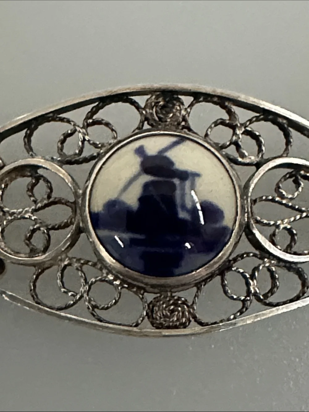 Vintage 925 Sterling Silver  Bracelet with Blue and White Porcelain Cabochons​​